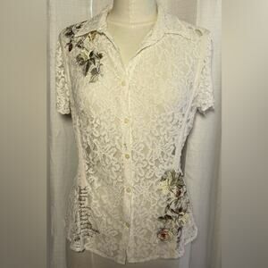 3J Workshop Button Down Ivory Lace Blouse with Floral Details